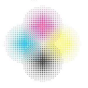 Halftone dot patterns of cyan, magenta, yellow, and black on a white background.