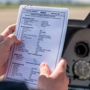 A pilot in the cockpit holding a laminated preflight checklist