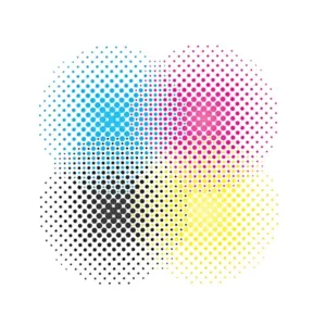 Halftone dot patterns of cyan, magenta, yellow, and black on a white background.