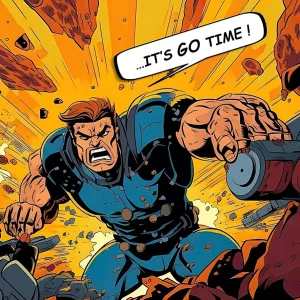 Comic hero in blue armor punches forward amid flying debris with text bubble saying It's go time
