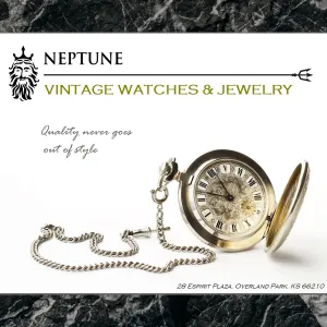 Print advertisement for a gold pocket watch displayed on white background with a black marble backdrop