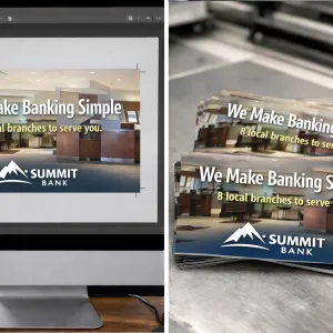 Summit Bank advertisement showing banking lobby with text We Make Banking Simple and 8 local branches to serve you.