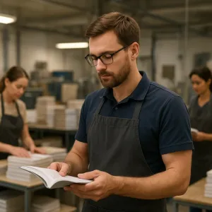 Man in glasses and apron inspecting a book in a busy print shop with colleagues stacking books in the background
