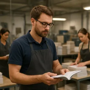 Man in glasses and apron inspecting a book in a busy print shop with colleagues stacking books in the background