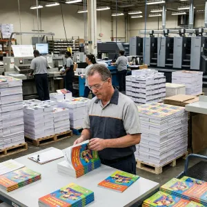 Worker inspecting perfect bound books in a large commercial printing facility with stacks of printed books in the background.