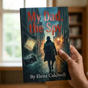 A hand holds the book My Dad, the Spy by Elena Caldwell with a silhouetted spy figure on a dimly lit street on the cover.