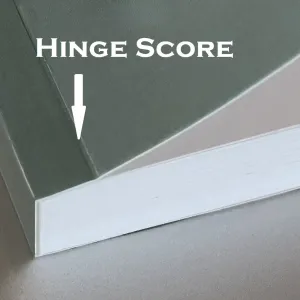 Close-up of a perfect bound book cover with an arrow pointing to the hinge score crease.