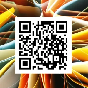 Black and white QR code centered on a colorful abstract background