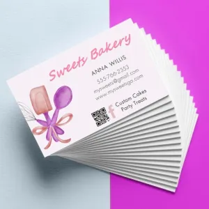 A stack of Business Cards for a bakery featuring contact information and a QR code
