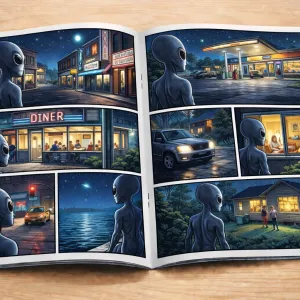 Comic book spread showing an alien observing a small town at night with diners, gas stations, and houses.
