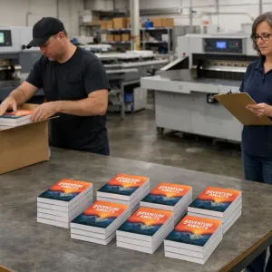 Two workers inspecting and packing stacks of Perfect Bound books in a printing facility