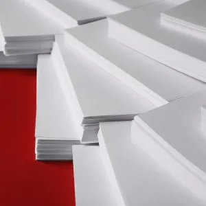 Stacks of white paper on a red surface in various orientations and layers.