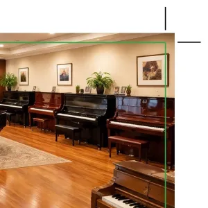 Part of an artwork layout for a piano store brochure that shows bleed and crop marks.