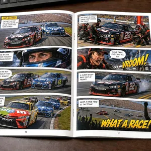 Open comic book on a desk depicting a vibrant car race with detailed illustrations and dialogue bubbles.