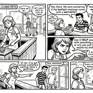 Comic book panels showing a female pet store employee annoyed by two young men who flirt and waste her time while working.