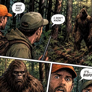 Comic book panels showing two hunters encountering a Bigfoot creature in a dense forest and expressing shock and fear.