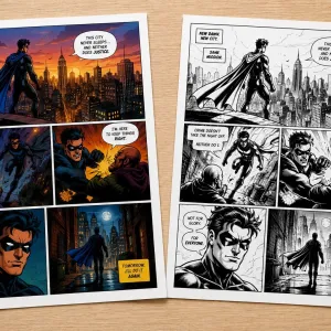 Side-by-side full color and black ink superhero comic pages