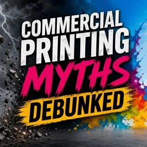Commercial printing myths debunked text with dark stormy sky on left and bright colorful sky on right.