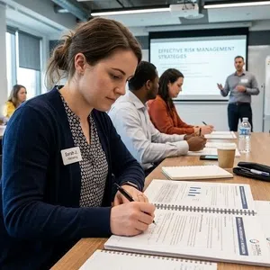 Business professionals attending a corporate training session taking notes in their training manuals.