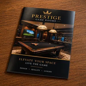 A Prestige Game Rooms brochure featuring a luxurious pool table room with warm lighting and a large TV.
