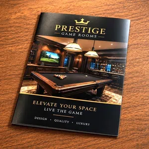 A luxury game room brochure displaying a high-end pool table in an elegant game room setting.