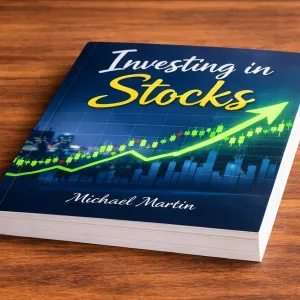 Book titled Investing in Stocks on a wooden surface with upward stock market graph on the cover.