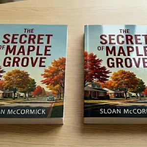 A matte laminated copy and a gloss laminated copy of The Secret of Maple Grove by Sloan McCormick on a wooden table with autumn trees on the cover.