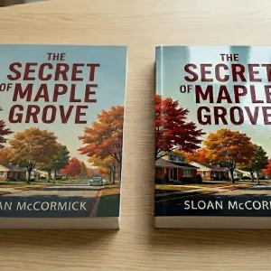 A matte laminated copy and a gloss laminated copy of The Secret of Maple Grove by Sloan McCormick on a wooden table with autumn trees on the cover.