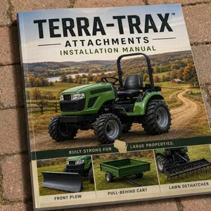 Installation manual for Terra-Trax tractor attachments featuring a green tractor and accessory images on a brick surface.