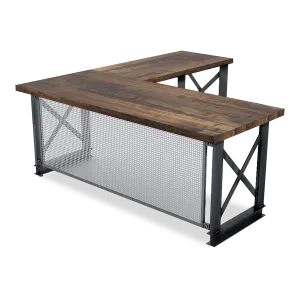 L-shaped industrial office desk with dark wood top and metal frame featuring mesh panel and cross braces