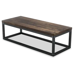 Modern rectangular coffee table with dark wood top and black metal frame base in industrial style.