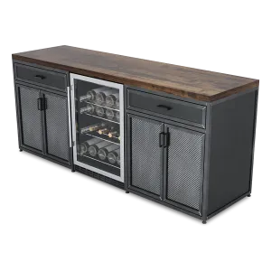 Industrial style wooden top bar cabinet with metal mesh doors and built-in glass wine fridge stocked with bottles.