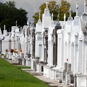 Row of white and gray above-ground tombs with flowers in a cemetery on a sunny day.