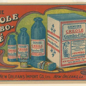 Vintage advertisement featuring Genuine Creole Gumbo-Filé products in various bottle and box sizes with colorful design.