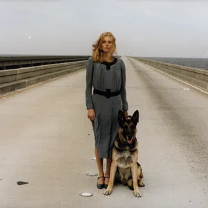 Woman in gray dress stands with German Shepherd on empty bridge over water under cloudy sky.