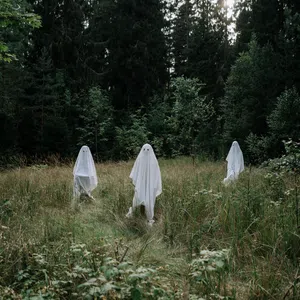 Three figures dressed in white ghost costumes standing in a grassy clearing surrounded by dense forest under overcast sky.