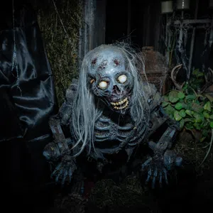 Creepy skeleton figure with glowing eyes and long white hair in a dark, eerie setting with plants and moss.