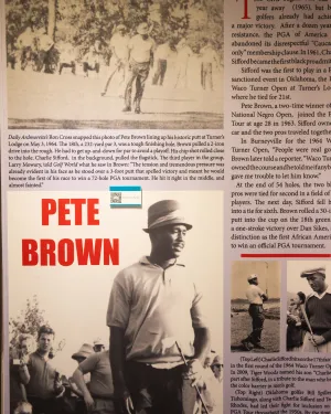 Black and white photo of golfer Pete Brown in mid-20th century PGA tournament with historical text.