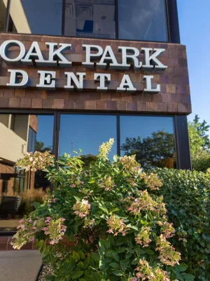 Exterior view of Oak Park Dental office with signage, glass door, and flowering plants under clear blue sky.