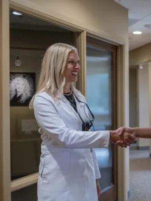 Doctor and patient shaking hands in a medical office hallway, smiling during a friendly greeting.