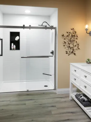 a bathroom with a white door