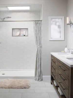 a bathroom with a shower curtain