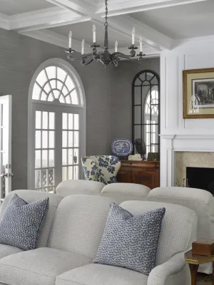 a living room with a fireplace