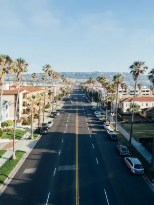 a street with palm trees and buildings