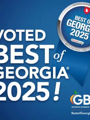Blue graphic announcing Voted Best of Georgia 2025 by Georgia Business Journal with logo and website link.