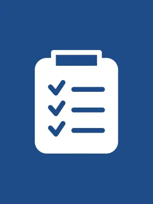 White checklist clipboard icon with three check marks on a solid blue background