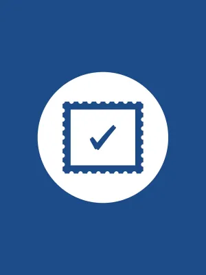 Blue background with a white circle featuring a stamp-like square and a checkmark inside it.