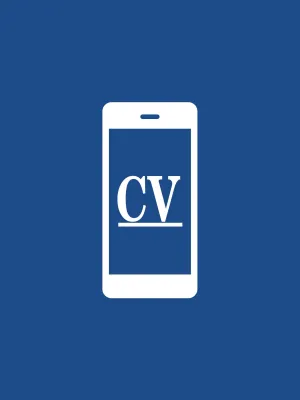 White smartphone icon with letters CV on screen against solid blue background for resume or curriculum vitae.