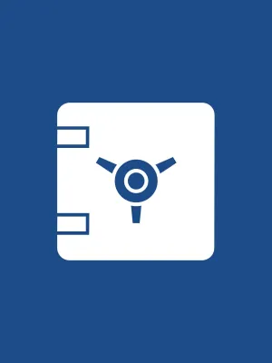 White safe vault icon centered on blue background symbolizing security and protection.