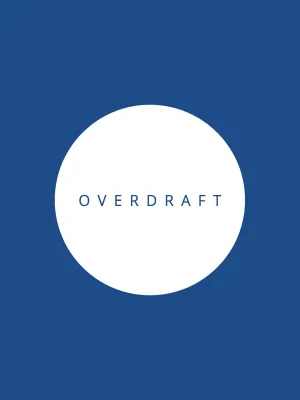 White circle with the word OVERDRAFT in blue centered on a solid blue background.